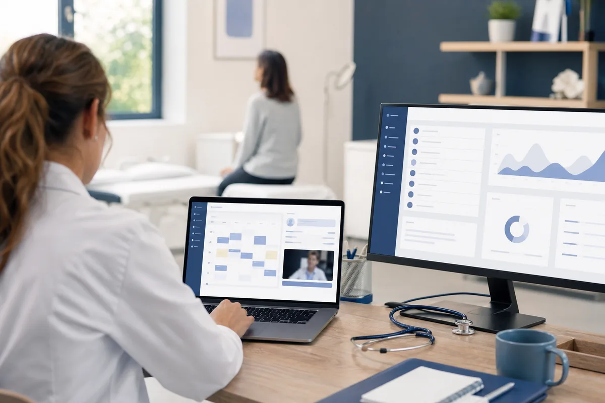 Médecin consultant l'agenda Cliniva sur son ordinateur au cabinet